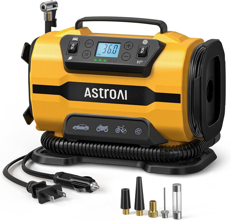 AstroAI مضخة هواء محمولة لضغط الإطارات 150 PSI 12V DC/110V AC مع محركات معدنية مزدوجة وضوء LED، ملحقات سيارات، وضعين للإطارات السيارات والدراجات الهوائية والمطاطات الهوائية، أصفر - Image 1